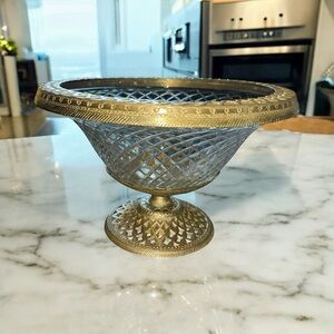 Vintage Brass & Cut Glass Pedestal Compote Bowl by Paradigm, India – 5.5” Tall
